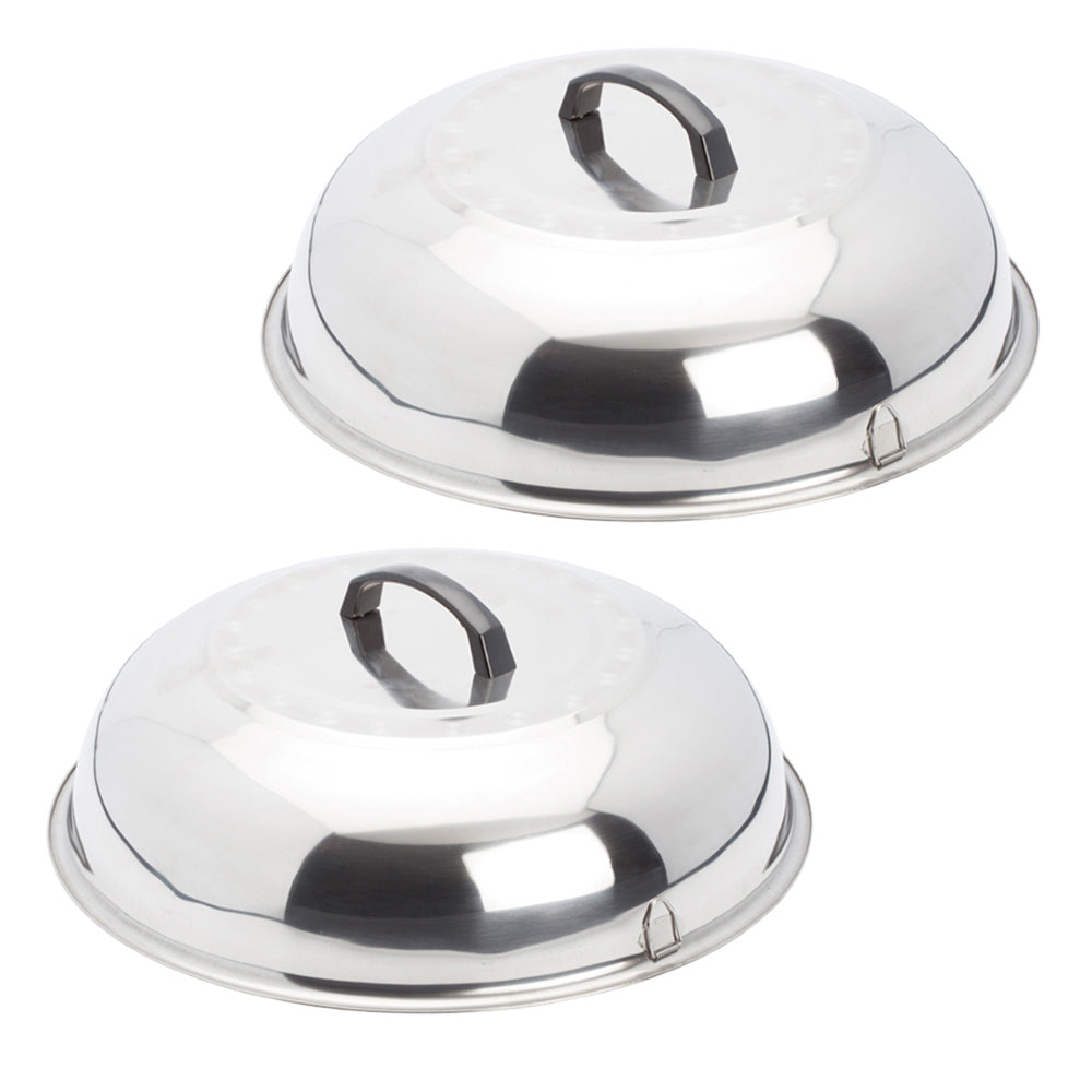 Stainless steel steamer cooking covers, set of 2 domed lids with dark handles