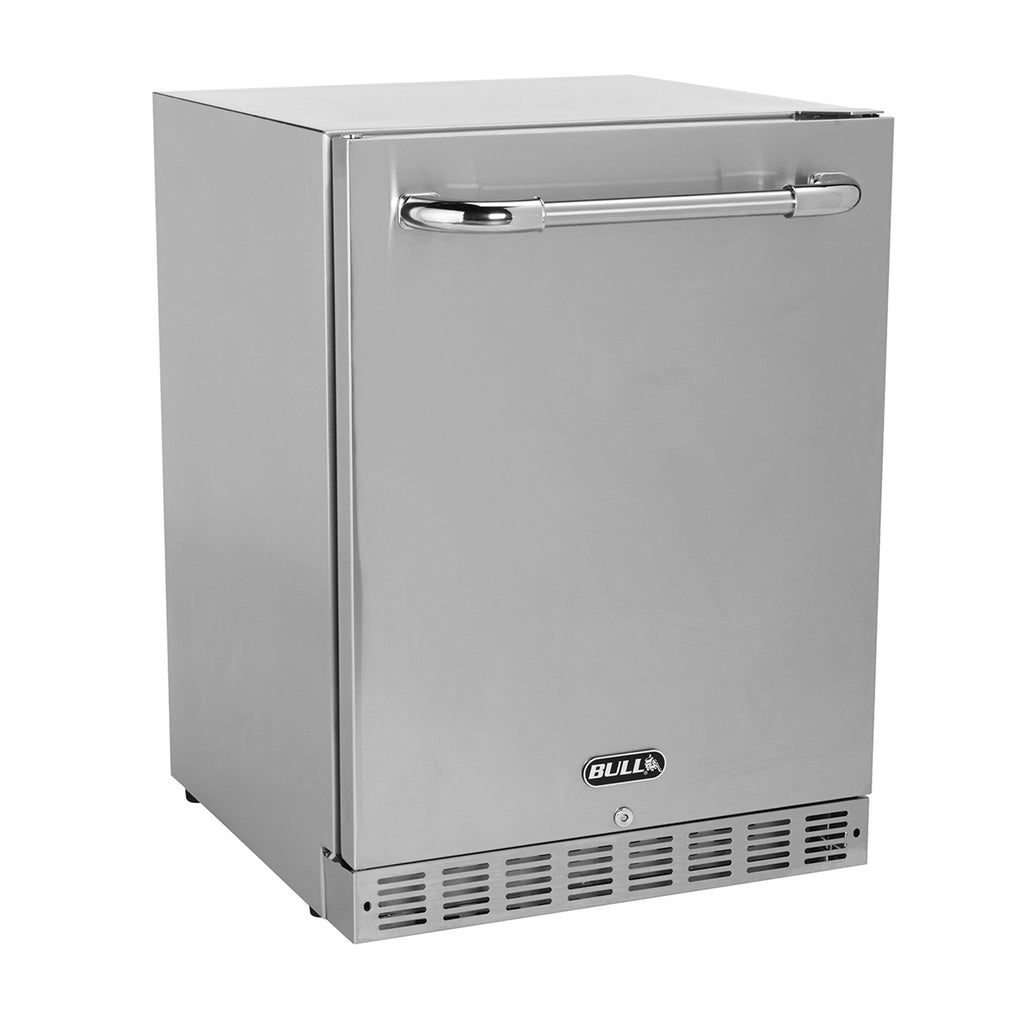 Bull outdoor refrigerator with stainless steel door, front handle, and ventilation vents
