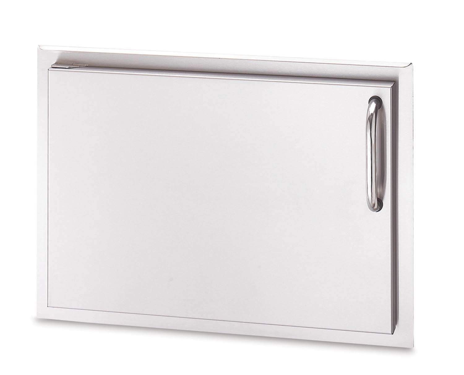 Metal outdoor storage door with vertical pull handle on right, rectangular frame