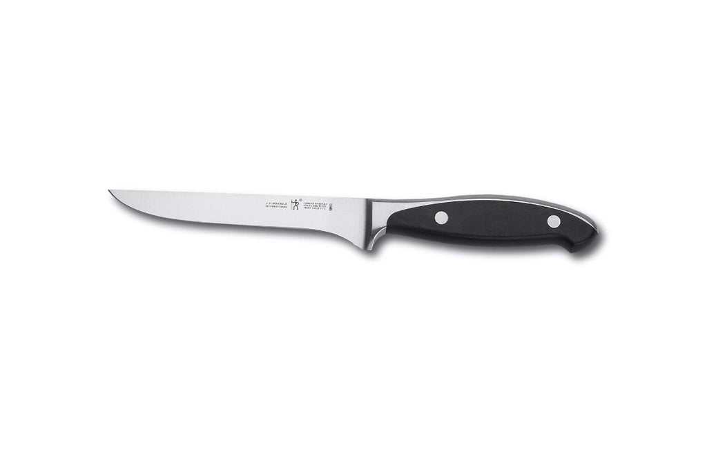Boning knife with forged steel blade and black handle with two rivets