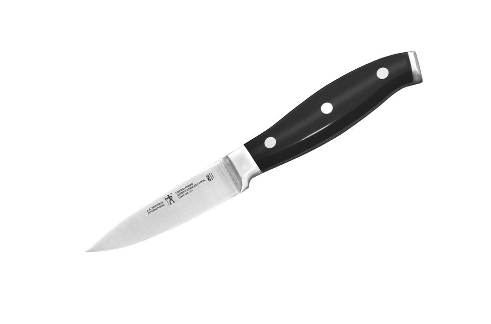 3-inch paring knife with black handle, rivets, and stainless blade