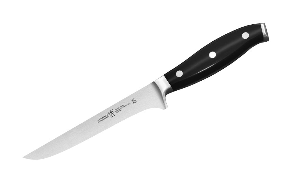 Forged boning knife with stainless blade and black 2-rivet handle