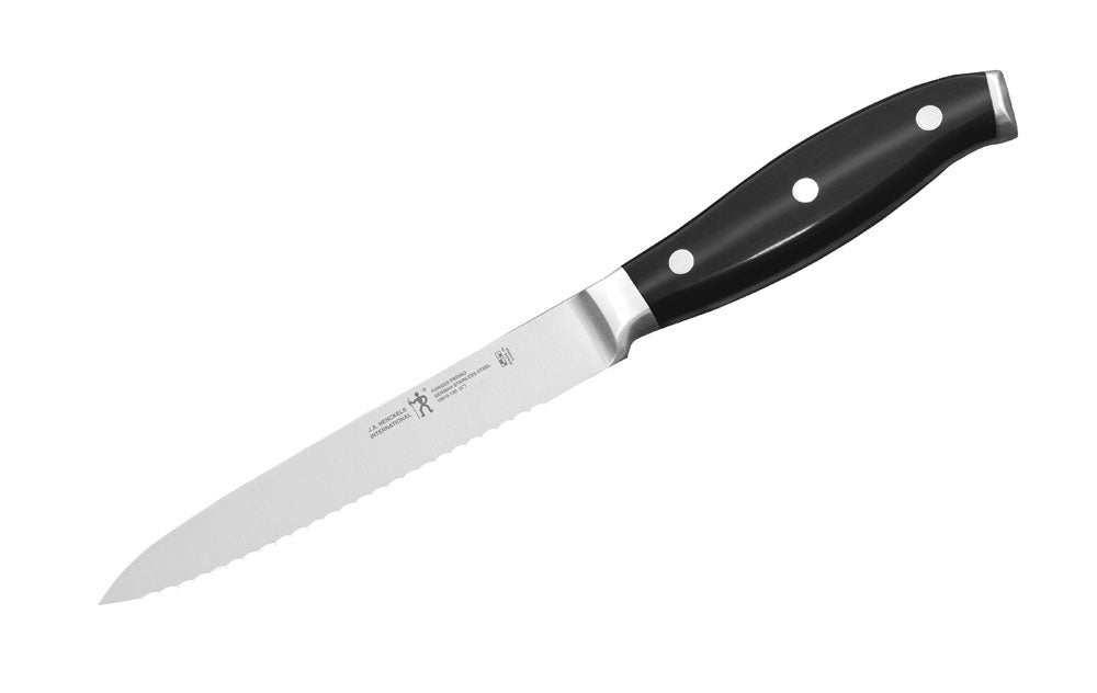 Utility knife with black handle and stainless steel blade