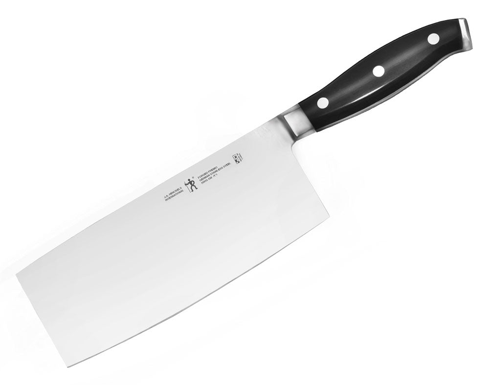 Forged meat cleaver with stainless steel blade and black handle with rivets