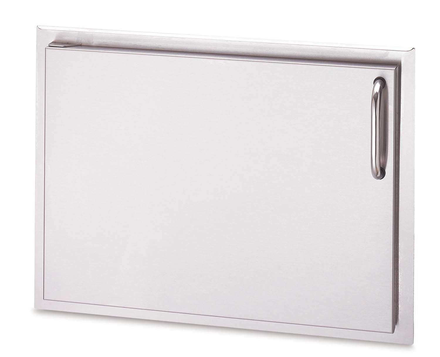 Stainless metal storage door panel with vertical handle on right side
