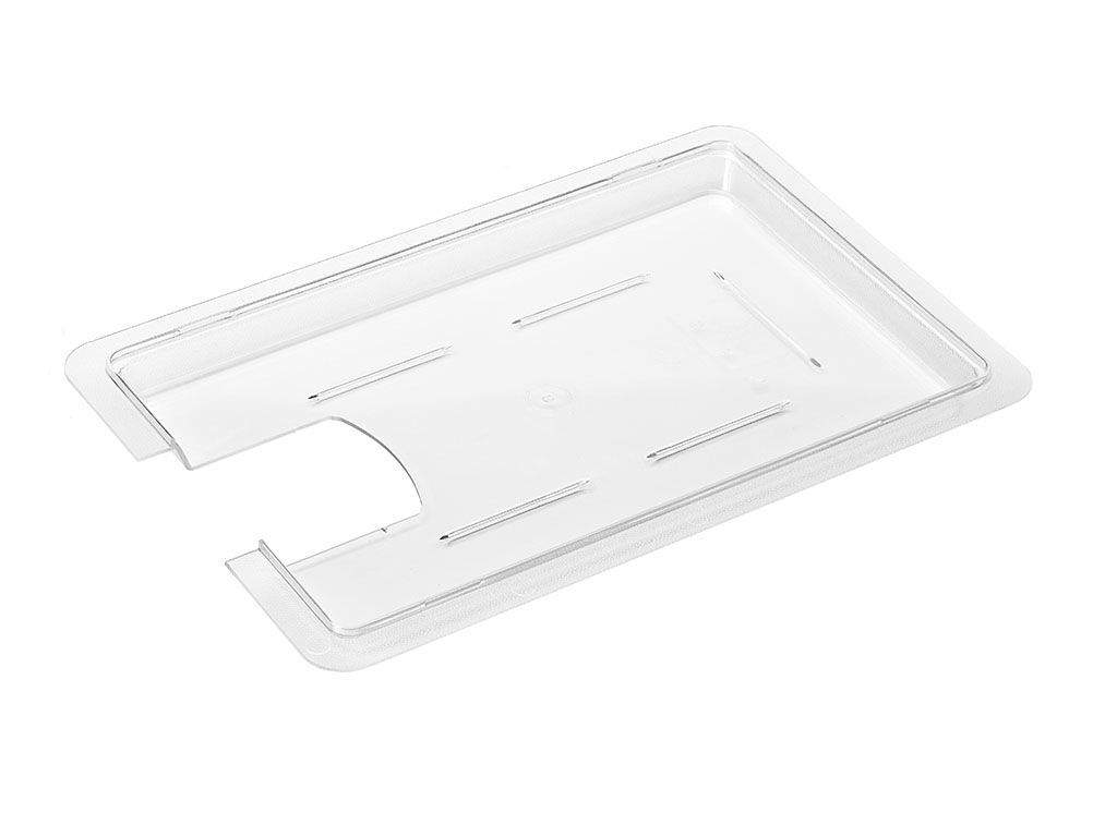 Clear polycarbonate lid with custom-cut openings and rectangular shape