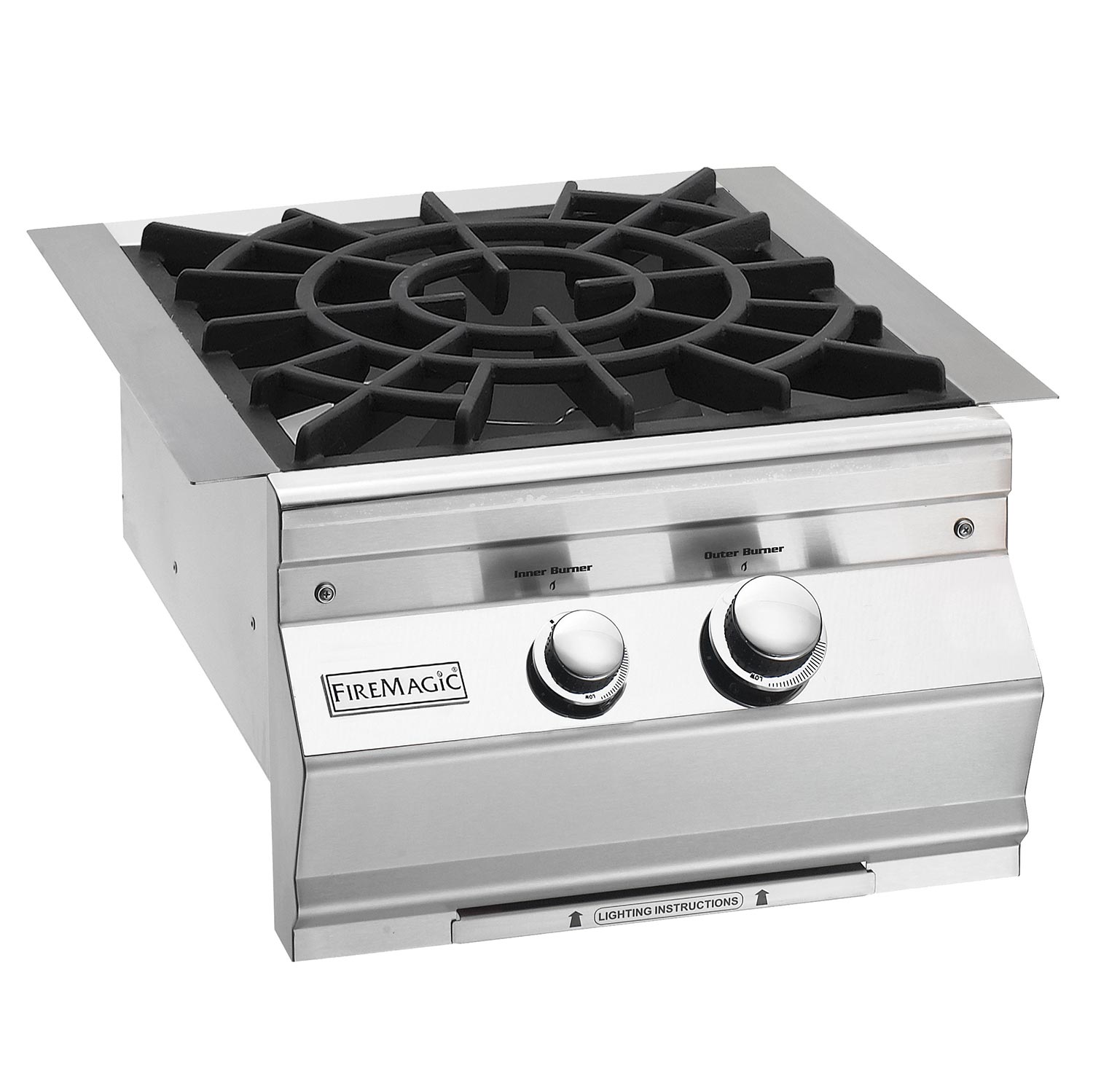 Built-in power burner with black porcelain cast grates and stainless steel control panel