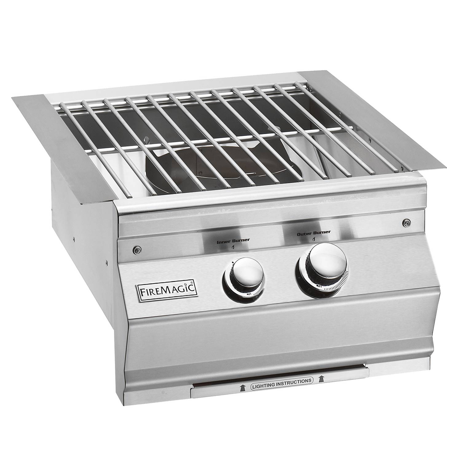Built-in power burner with stainless steel cooking grids and two front knobs