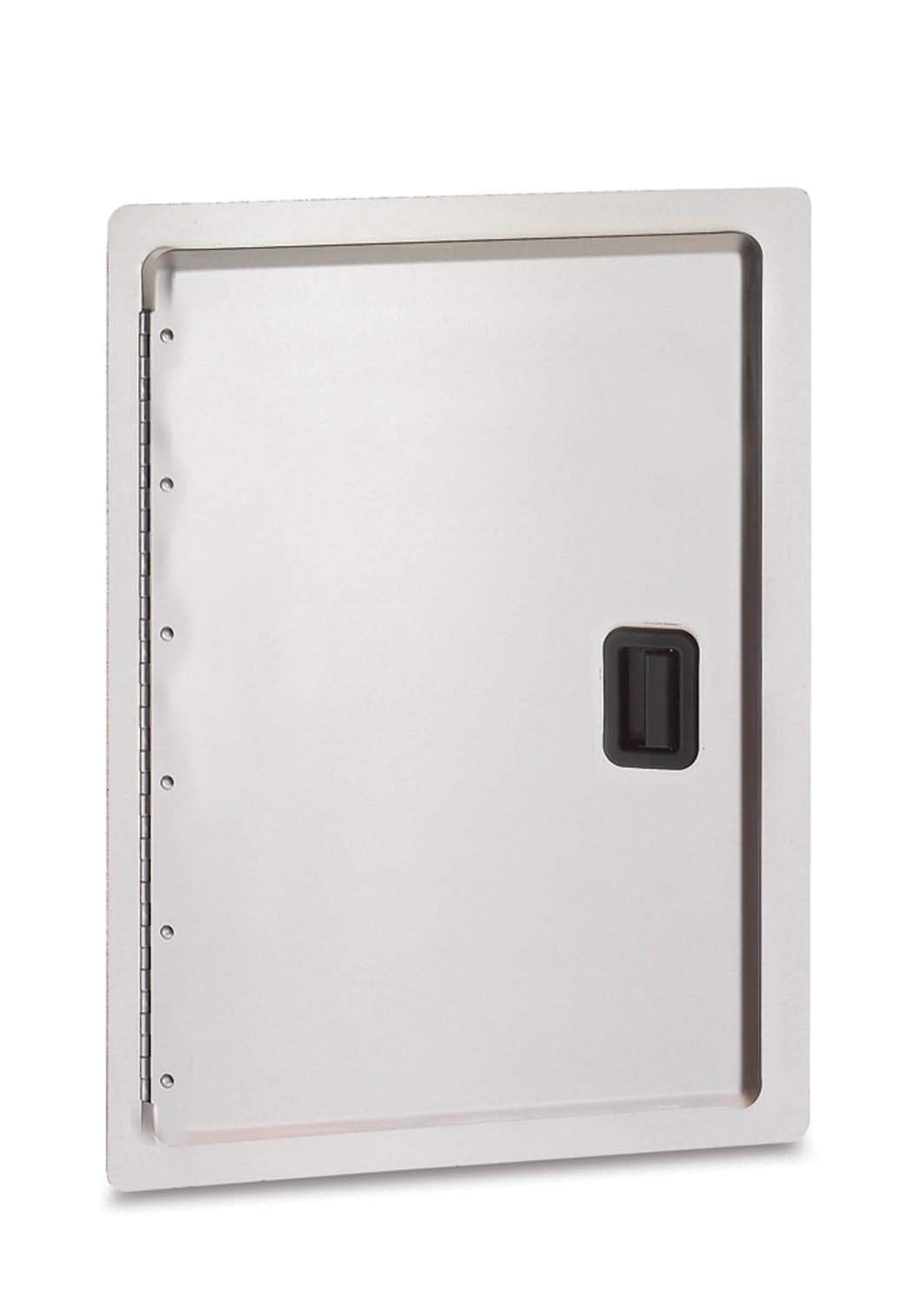 Single access door for outdoor grill, rectangular metal frame with dark latch