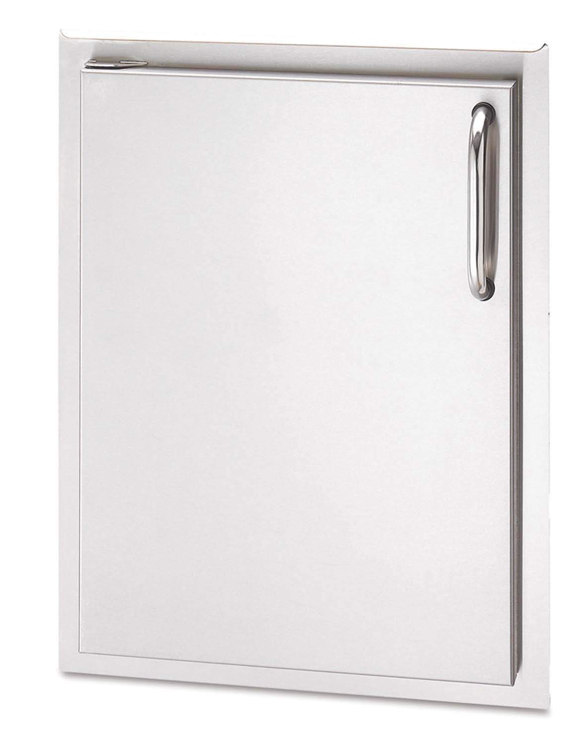Stainless steel storage door panel with vertical pull handle on right side