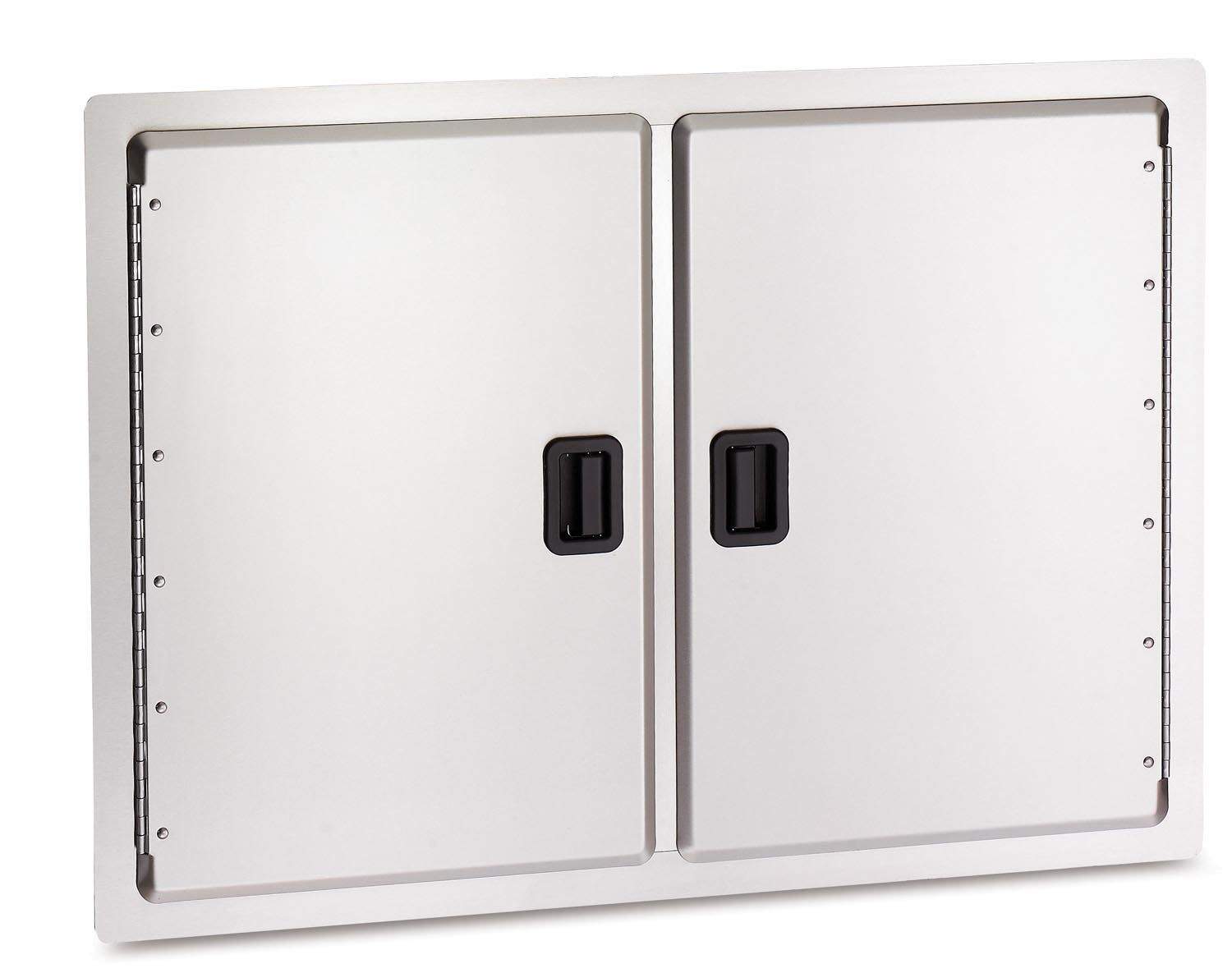 Double outdoor grill access doors, light metal with two black handles