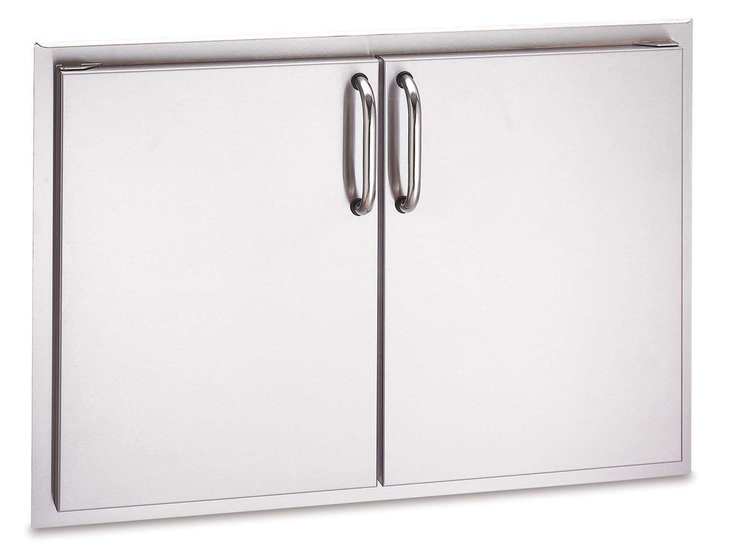 Double-door outdoor grill cabinet with two vertical doors and two metal handles