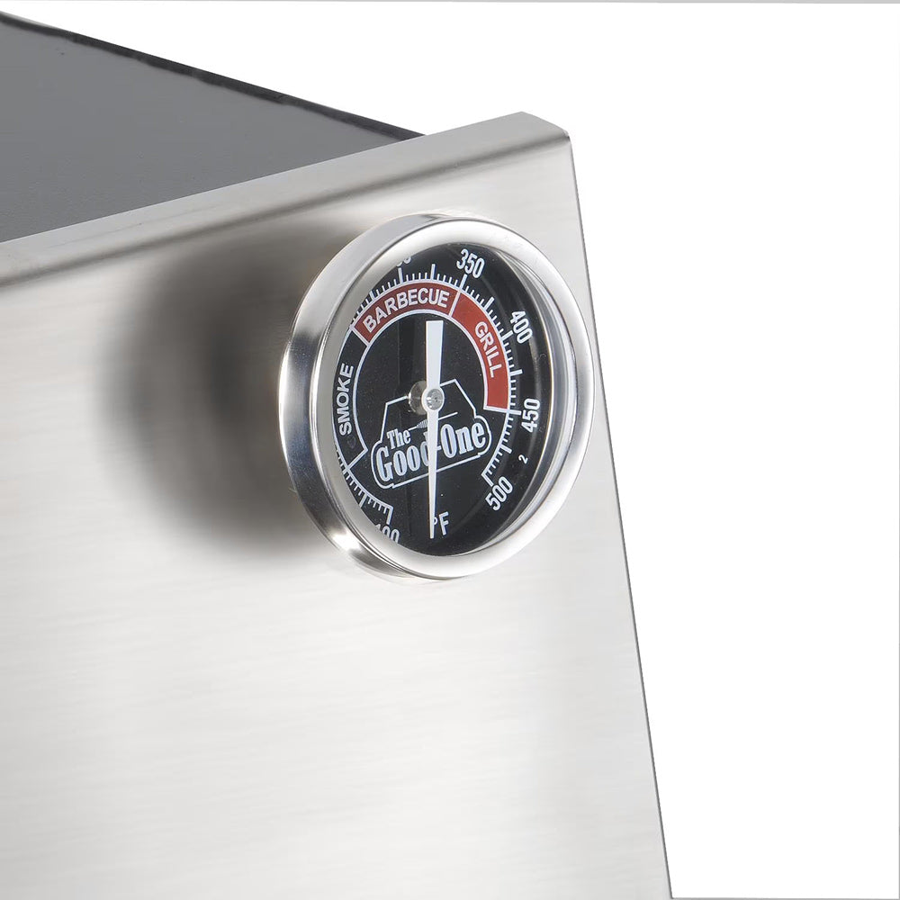 Smoker grill thermometer dial on stainless steel with Fahrenheit and Barbecue markings
