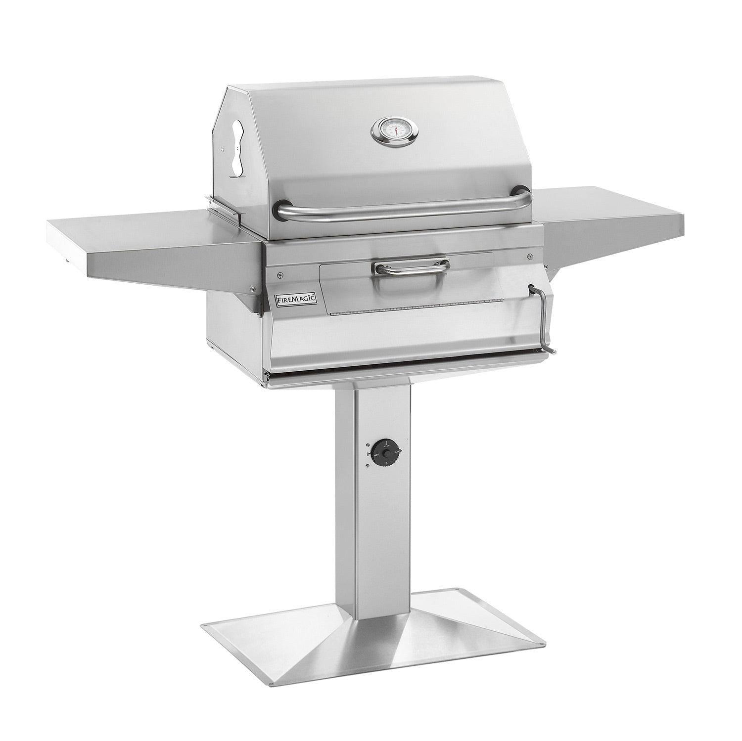 Charcoal grill with lid and side shelves on metal stand, front control panel