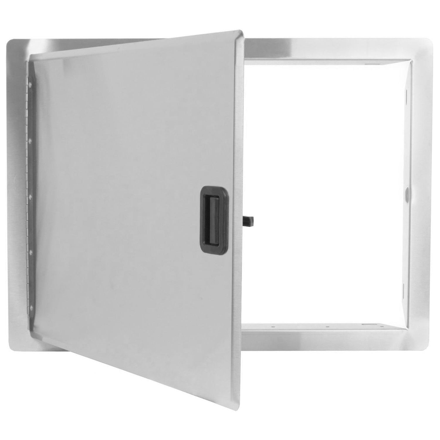 Stainless steel single access door shown open, with black latch handle