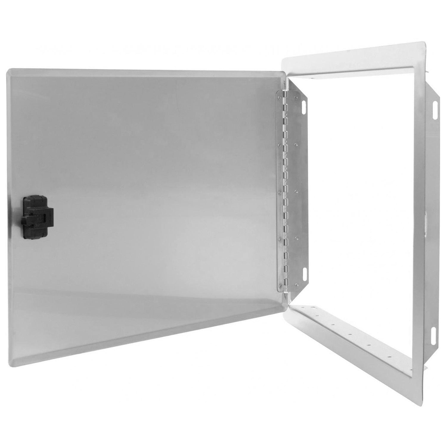Stainless steel single access door open at angle, latch on left panel