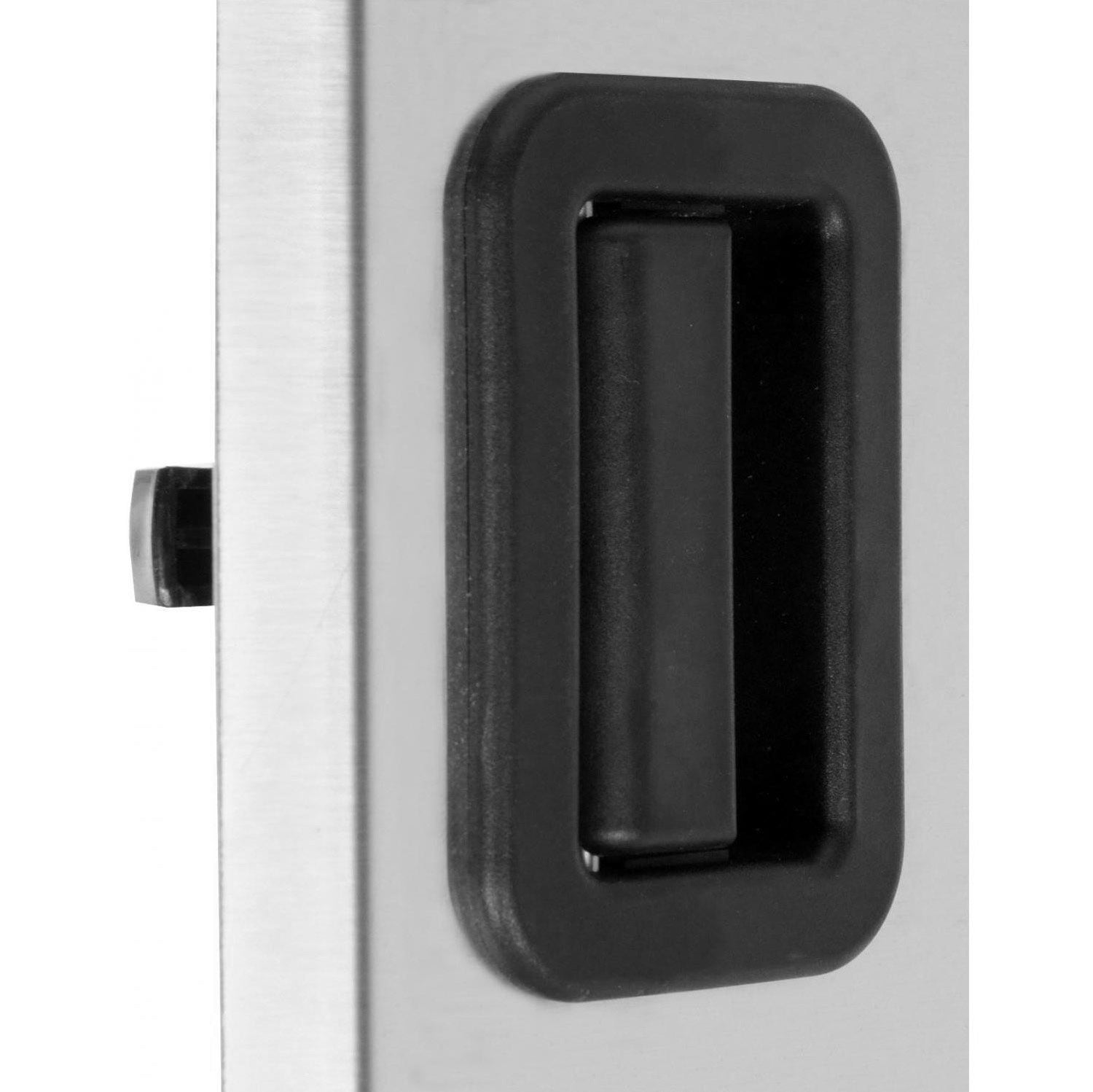 Close-up of black latch handle on stainless steel access door