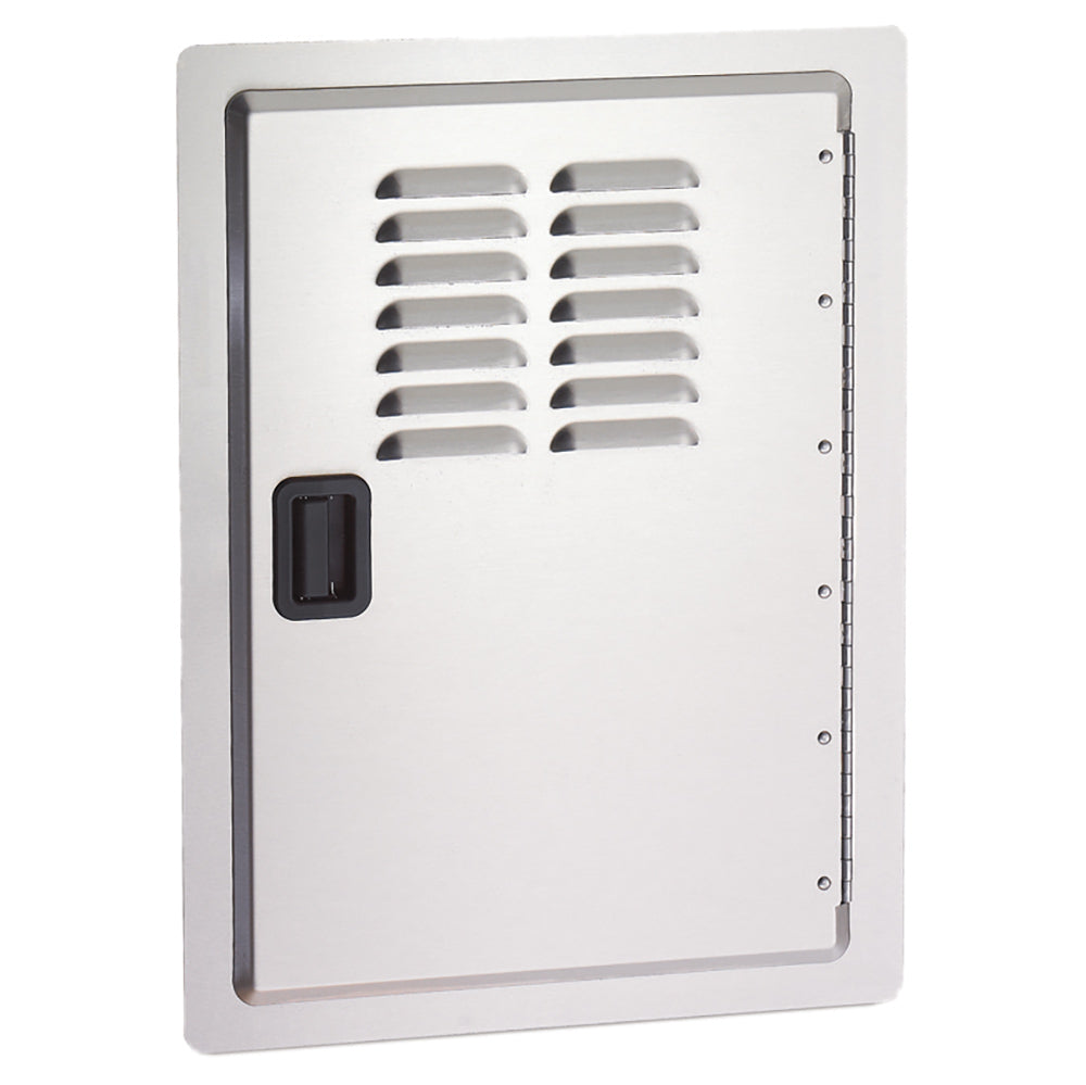 Single access door with vent louvers and latch, light gray metal panel