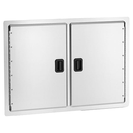 Double access doors with white metal frame and two light panels, black recessed latches