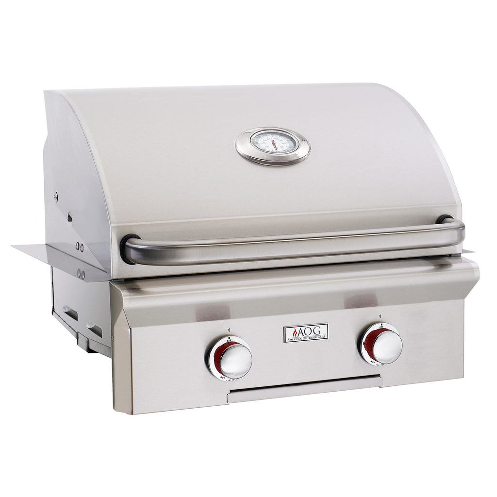 Built-in gas grill with stainless lid, thermometer, and two control knobs