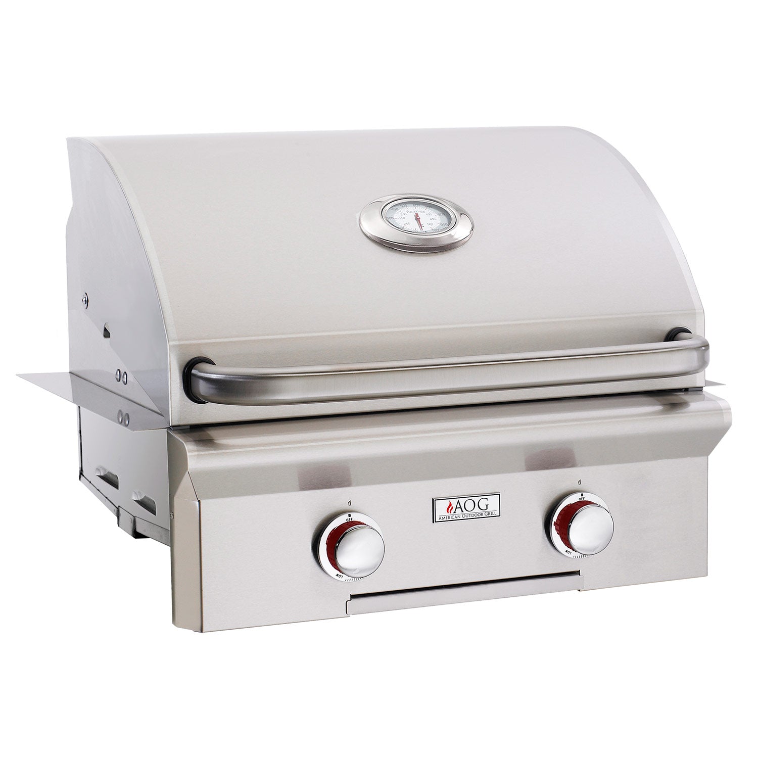 Built-in gas grill with stainless lid, thermometer, and two control knobs