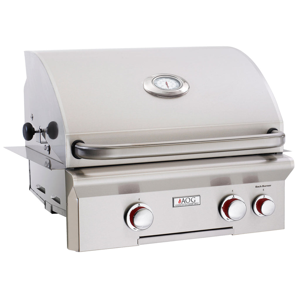 Built-in gas grill with lid, stainless front panel, and three control knobs