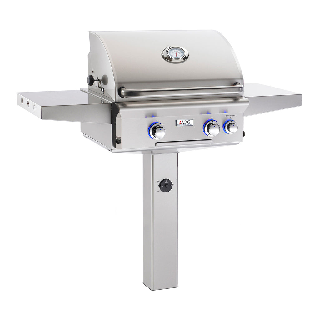 24-inch gas grill with lid, control panel, and side warming shelf, stainless steel.