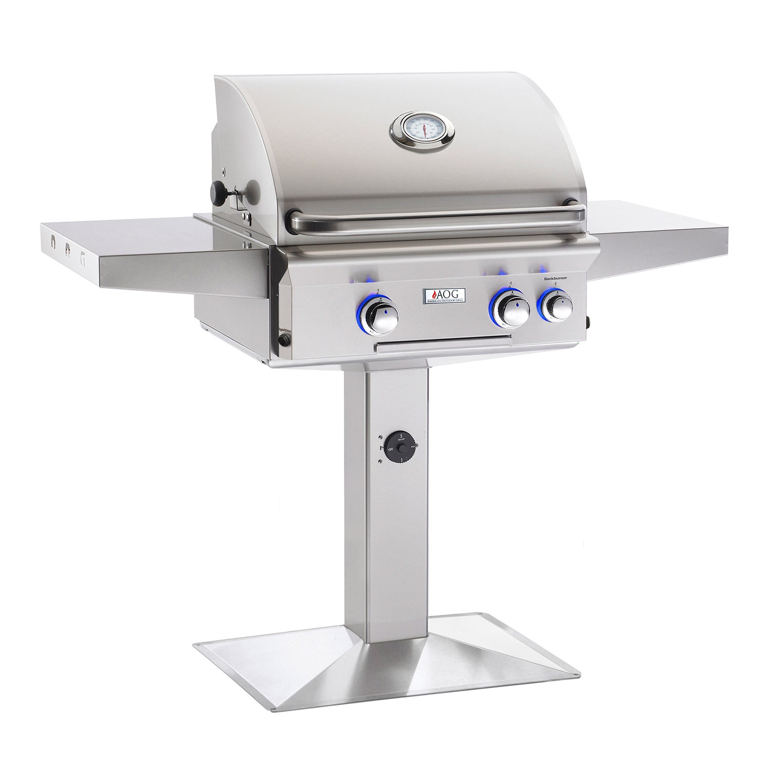 24 in gas grill on pedestal with stainless lid and two front control knobs