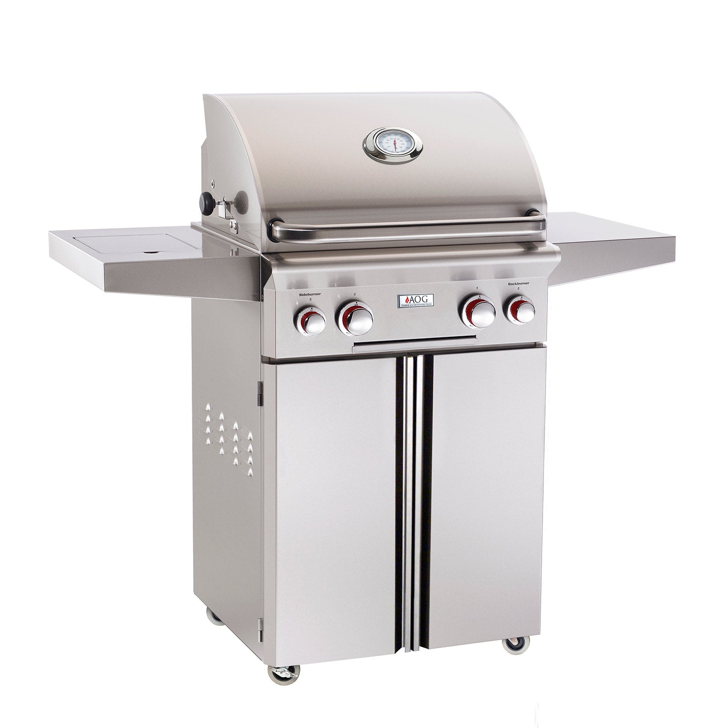 24-inch stainless steel gas grill on cart with side shelves and control knobs
