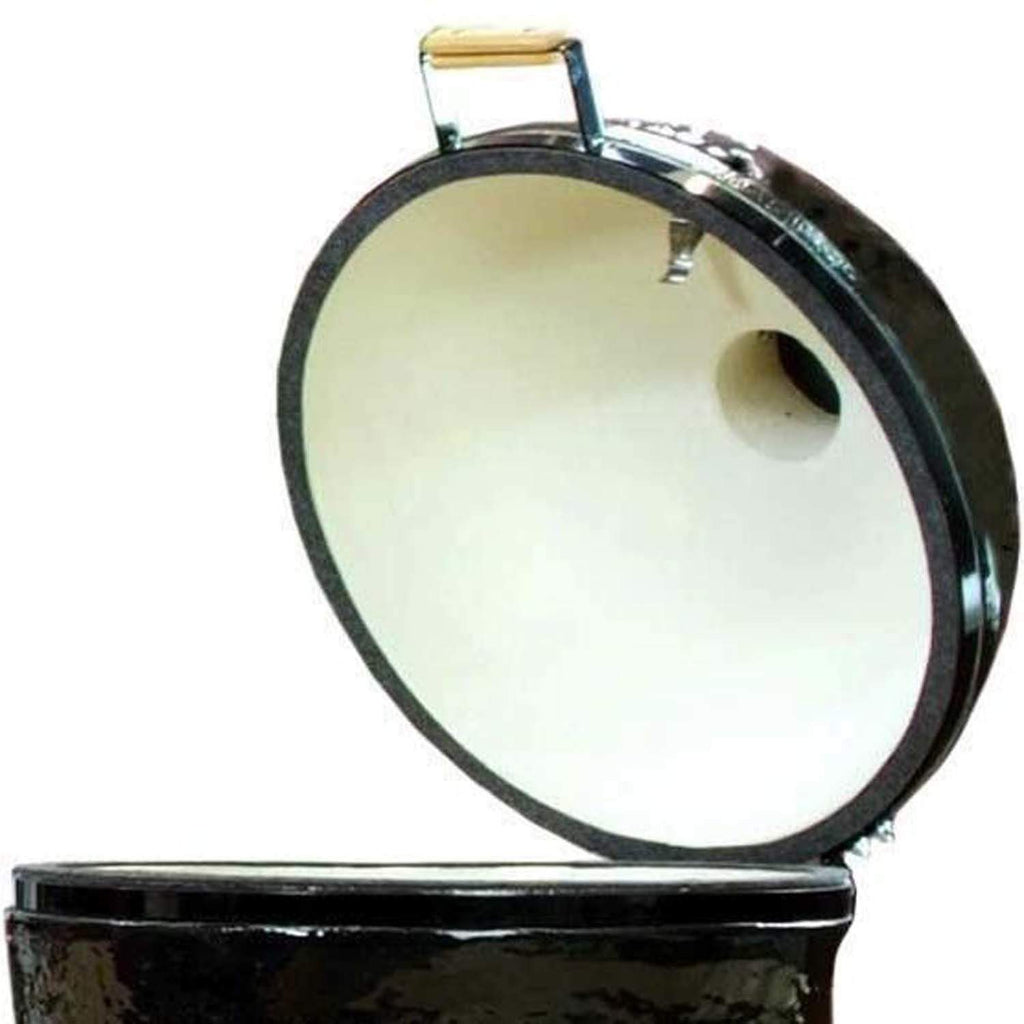 Round ceramic kamado grill with open lid and circular vent opening