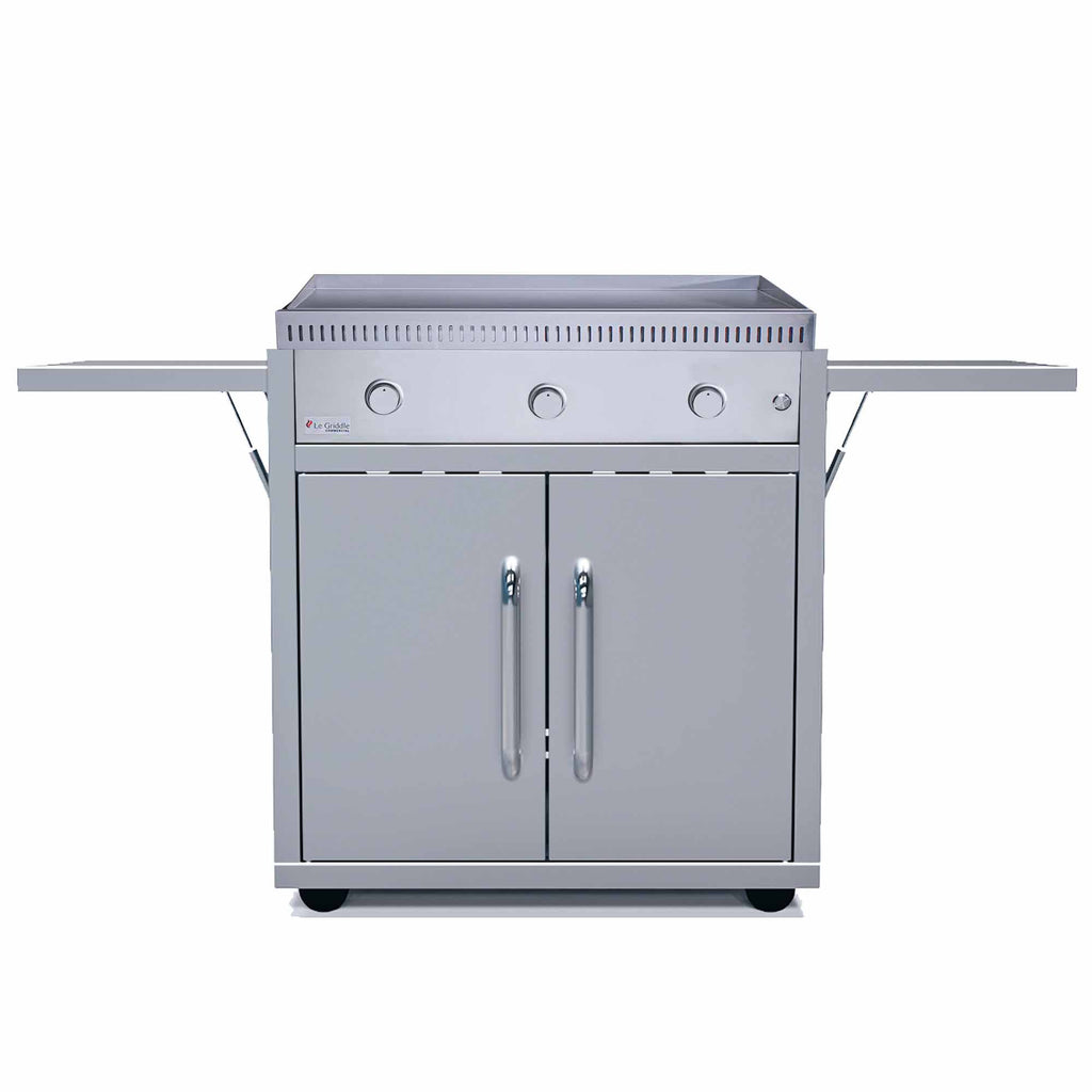 Commercial gas griddle with stainless steel cabinet, flat griddle top, and three control knobs