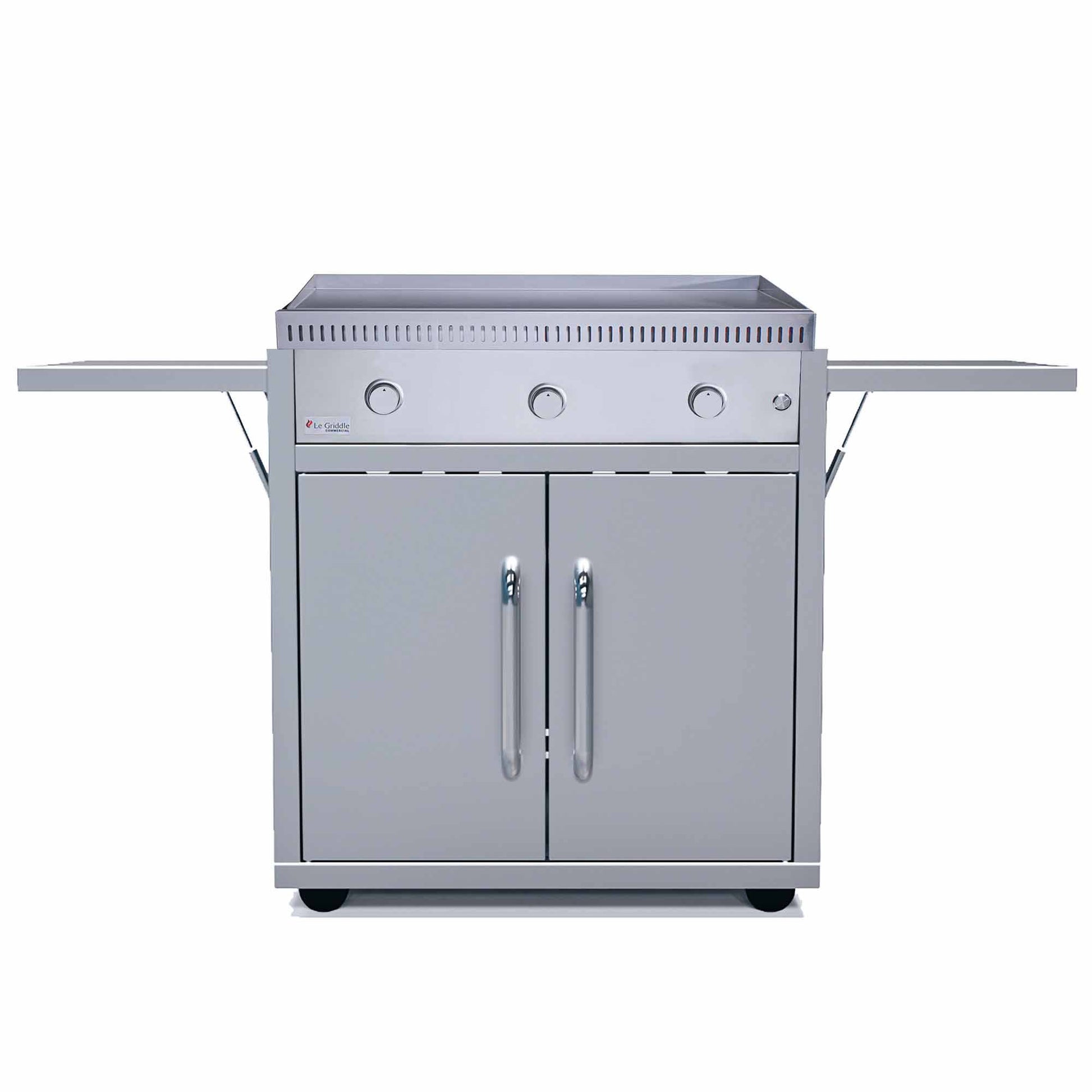 Commercial gas griddle with stainless steel cabinet, flat griddle top, and three control knobs