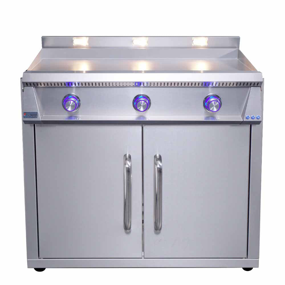Stainless steel freestanding gas griddle with three blue burner knobs and control panel