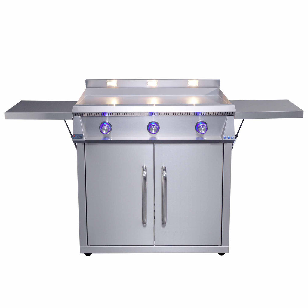 Stainless steel freestanding gas griddle with three burner knobs, side shelf, and double doors