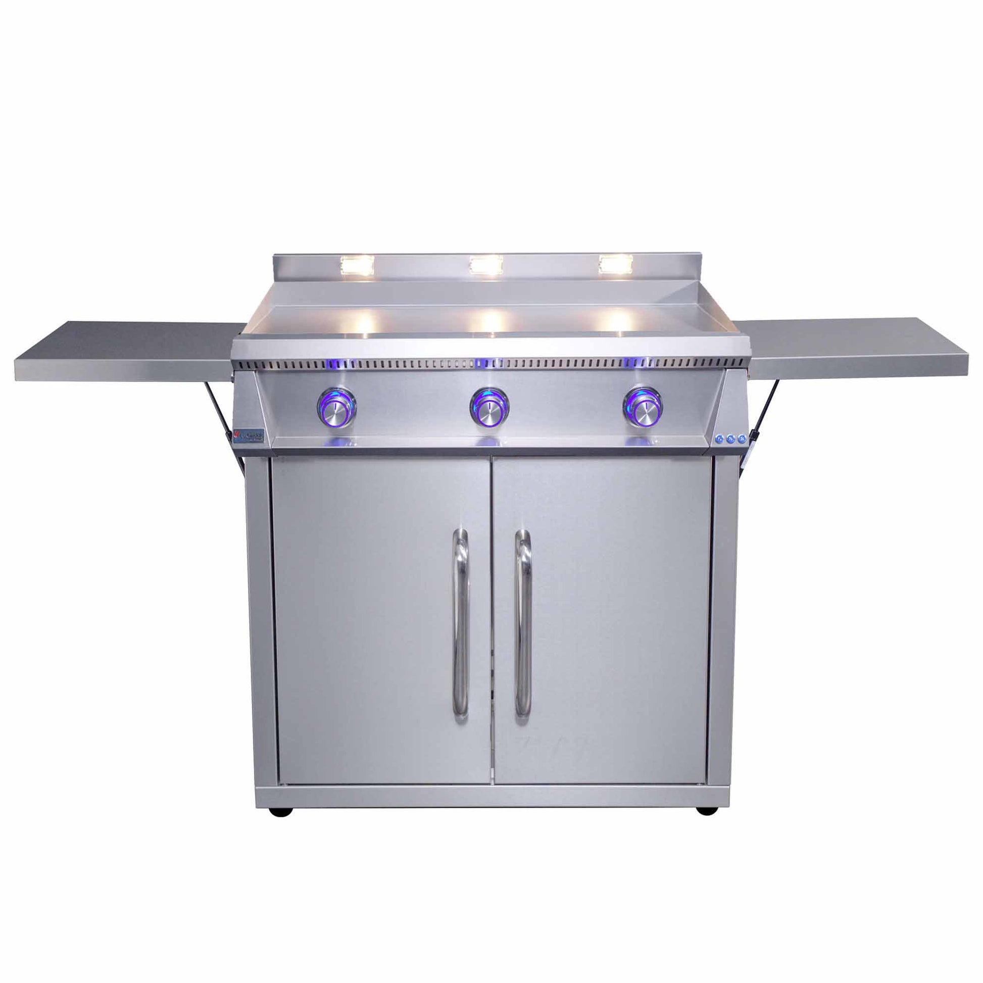 Stainless steel freestanding gas griddle with three burner knobs, side shelf, and double doors