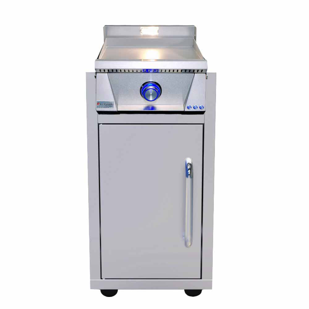 Stainless steel freestanding gas griddle with blue control knob and front door