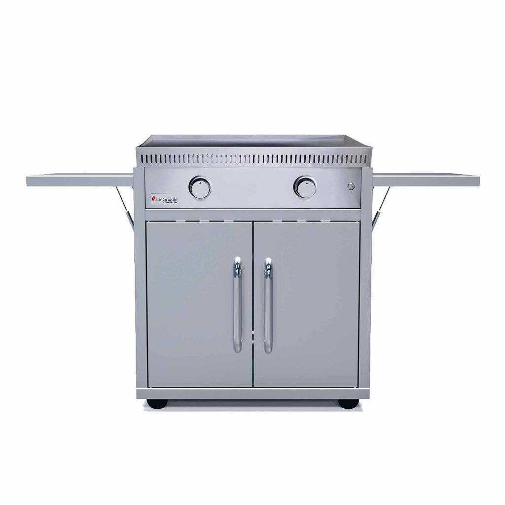 Freestanding gas griddle with two front control knobs and double stainless cabinet doors