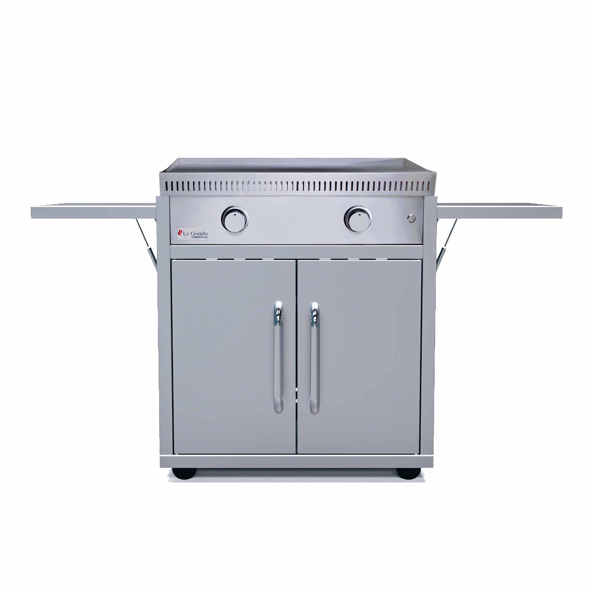 Freestanding gas griddle with two front control knobs and double stainless cabinet doors