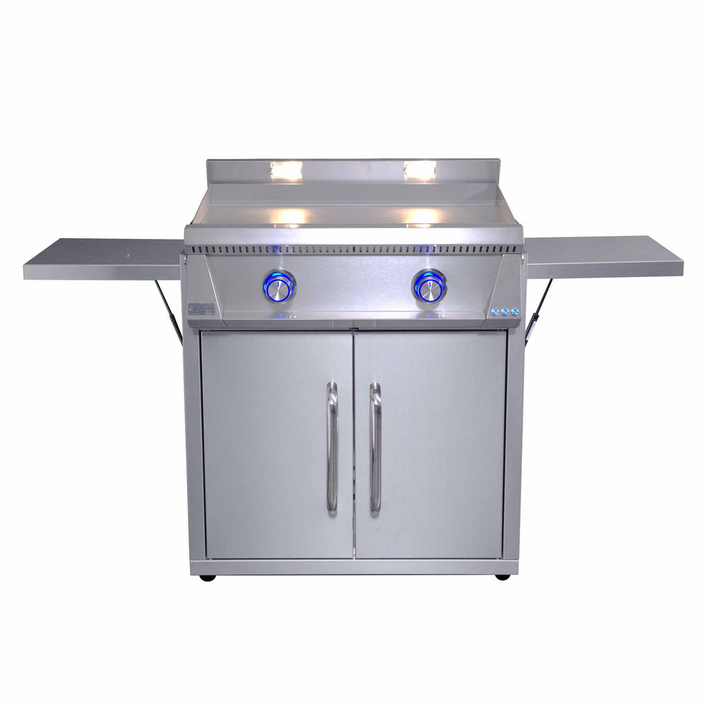 Freestanding stainless gas griddle with side shelf and two blue control knobs