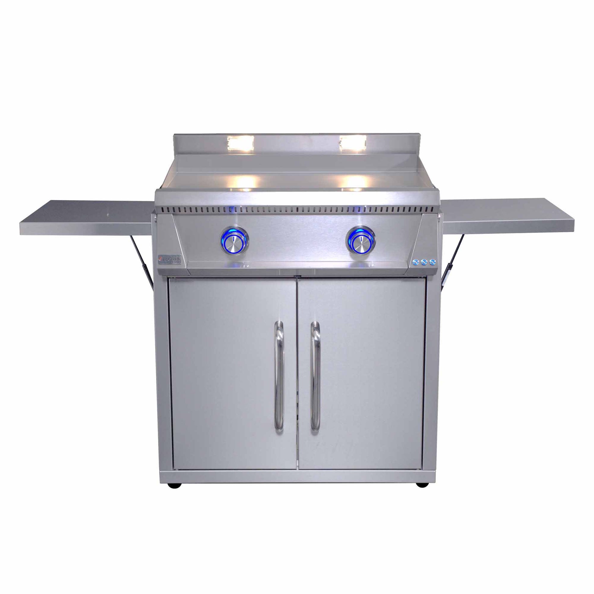 Freestanding stainless gas griddle with side shelf and two blue control knobs