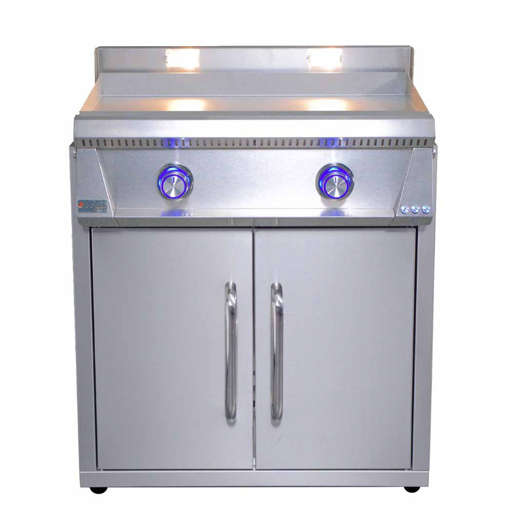 Freestanding stainless gas griddle with two blue control knobs and cabinet doors