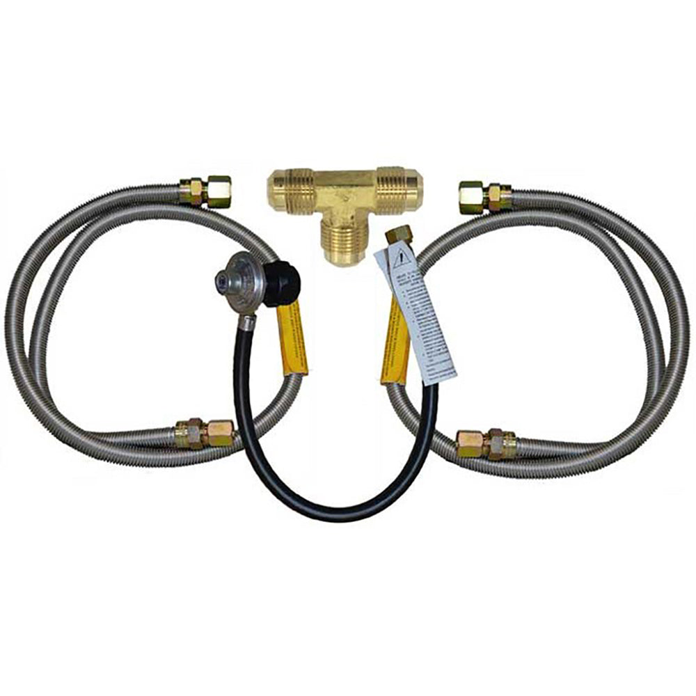 Propane grill connector package with twin braided hoses and brass fittings