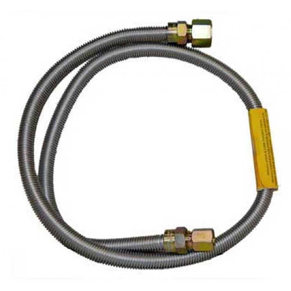 Stainless steel flex connector hose with brass end fitting and yellow label sleeve