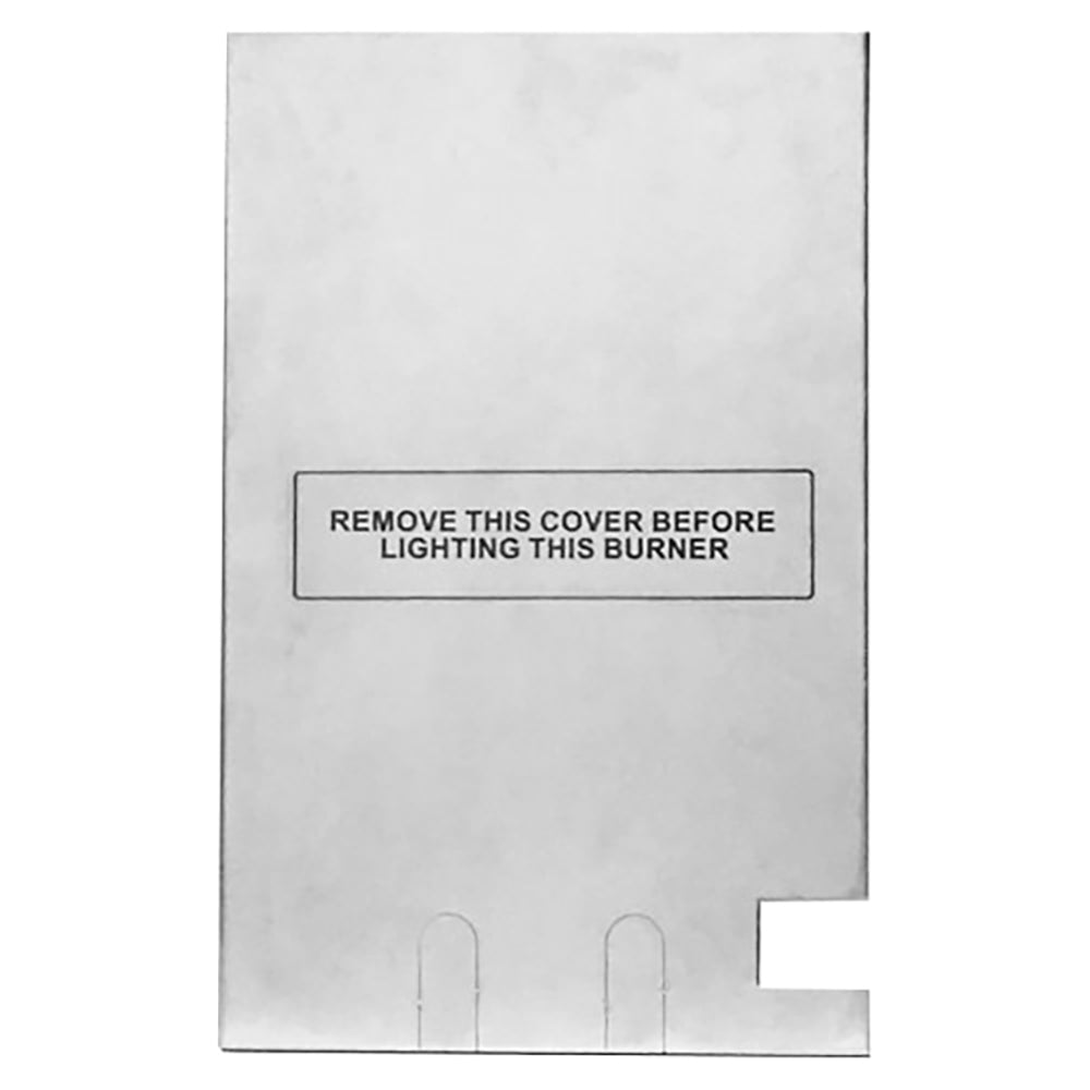 Stainless steel grid cover panel with burner warning label and cutouts