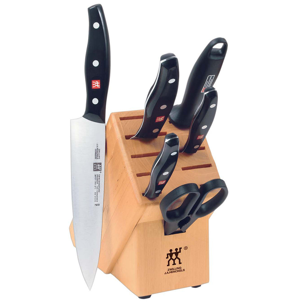 Knife block set with wooden stand, five knives and kitchen shears, blue handles