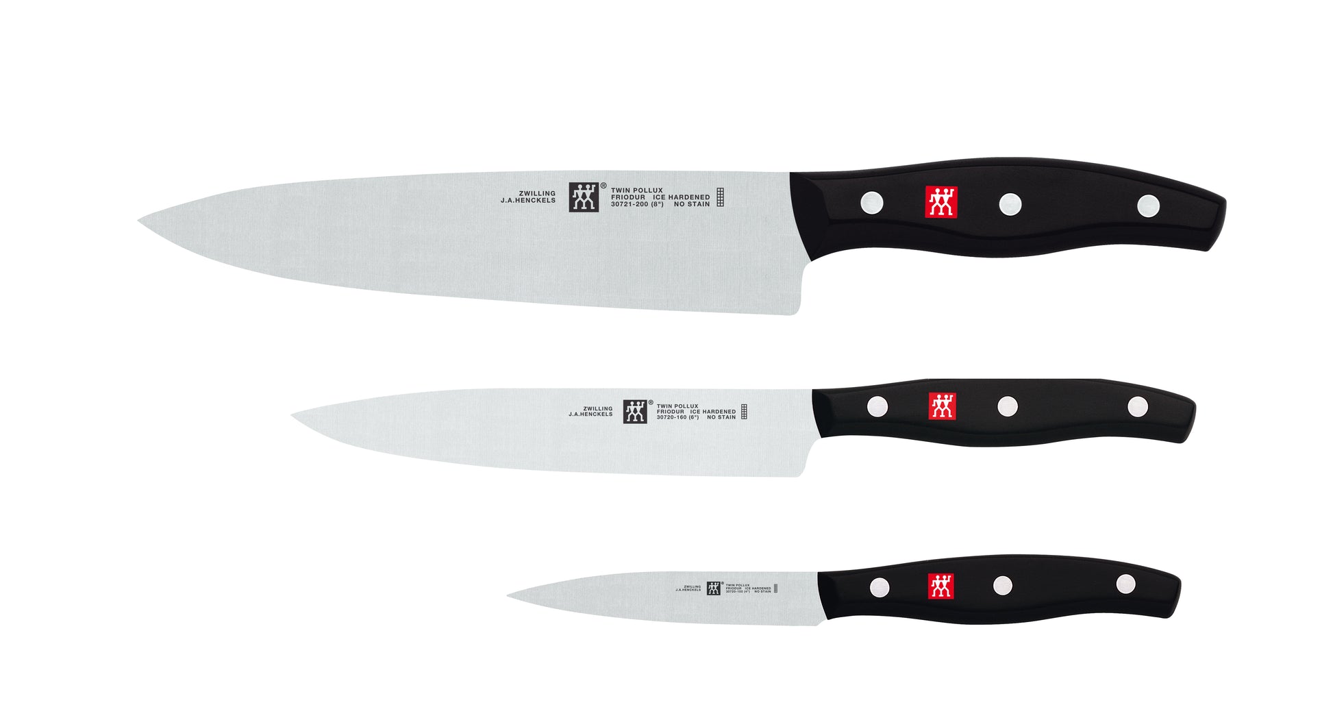 3-piece chef knife set with stainless blades and black handles