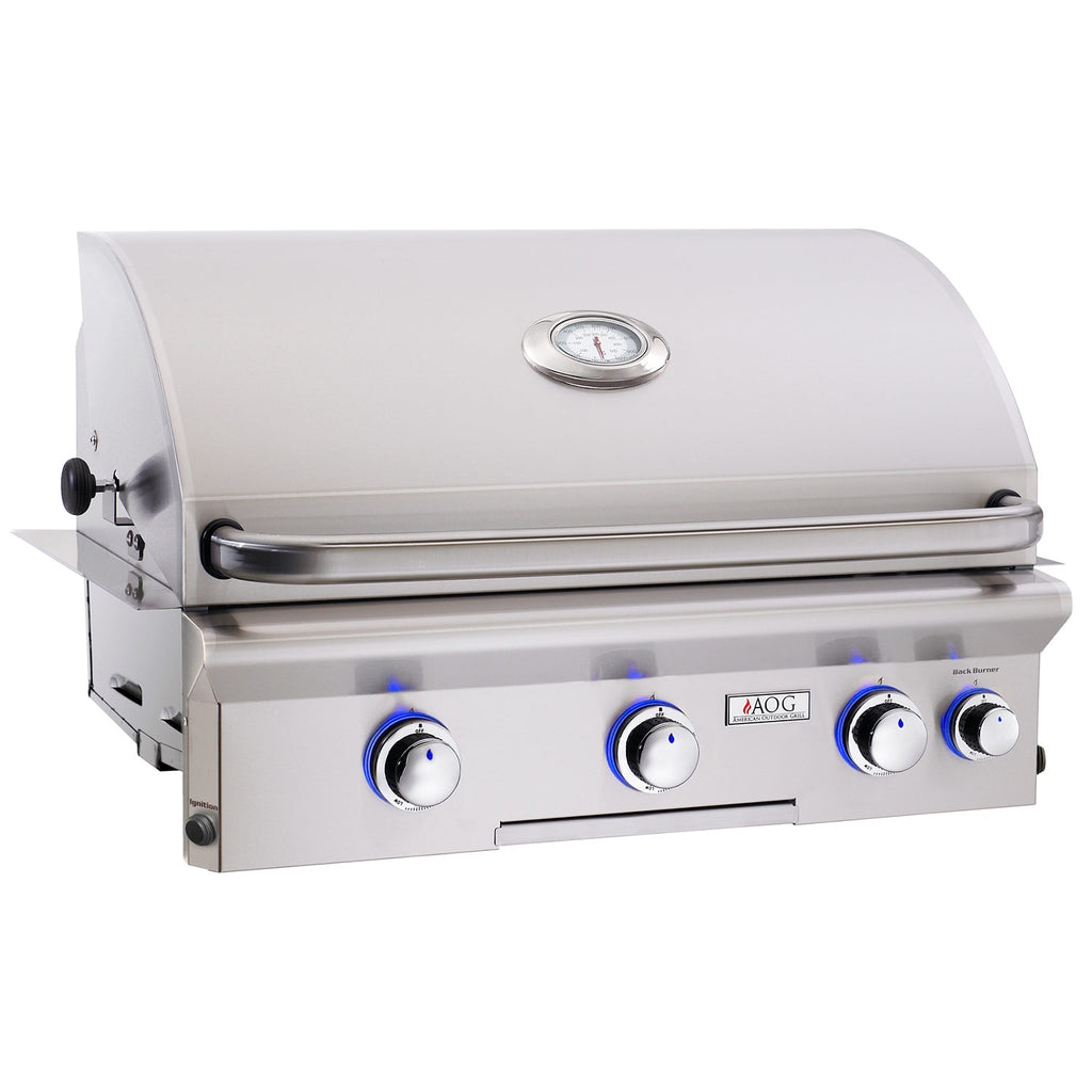 Built-in gas grill with stainless hood, thermometer and front control knobs