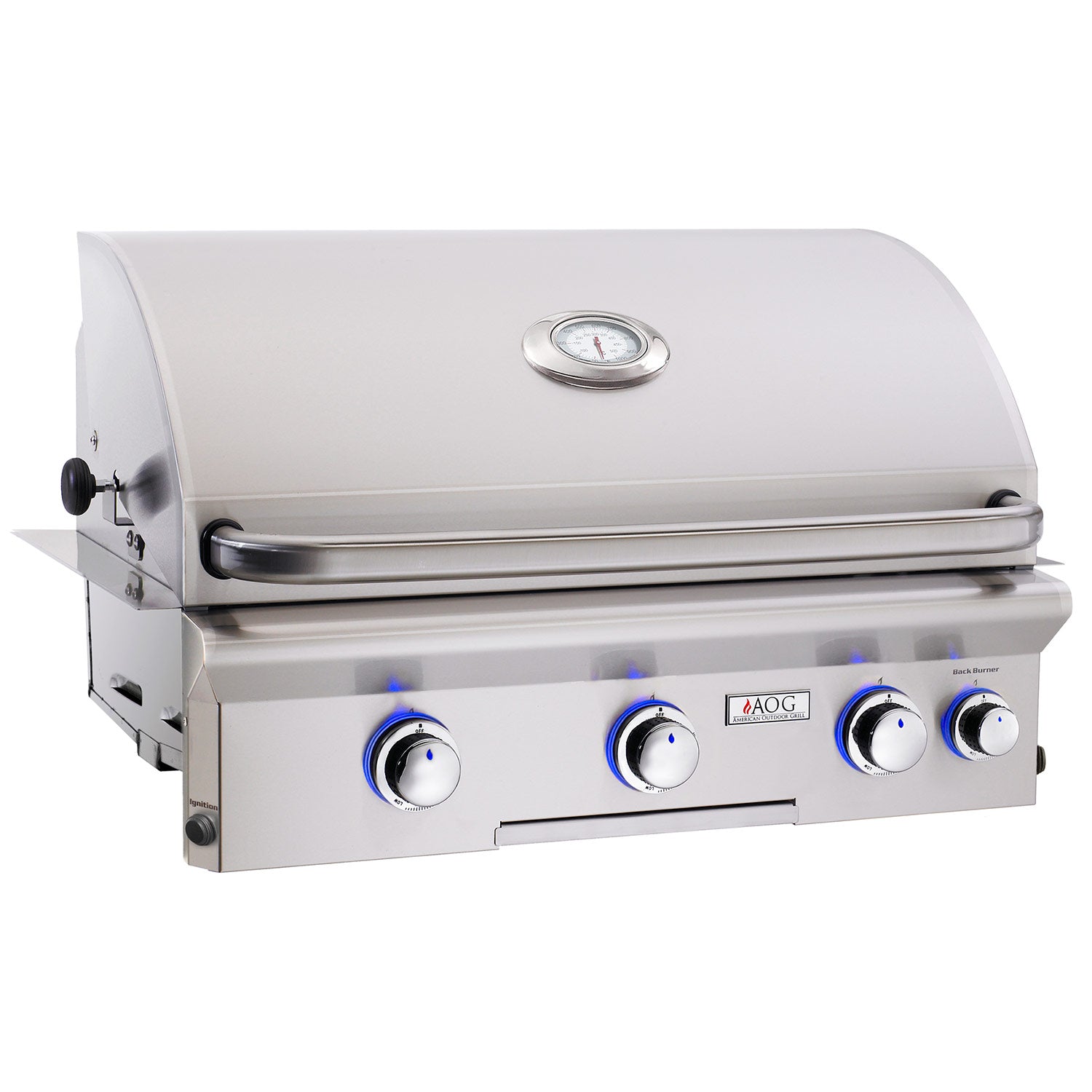 Built-in gas grill with stainless hood, thermometer and front control knobs