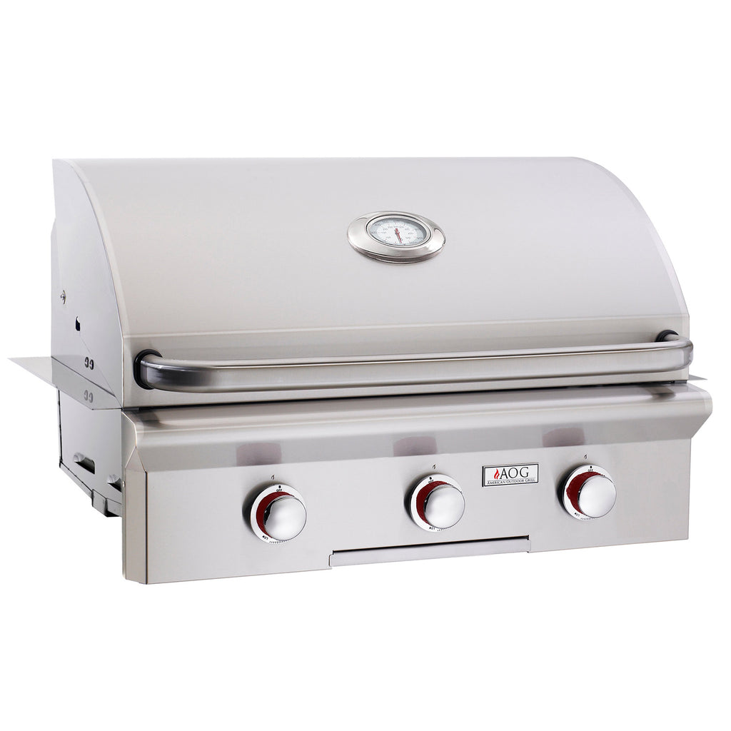 30-inch built-in gas grill with lid and three stainless control knobs