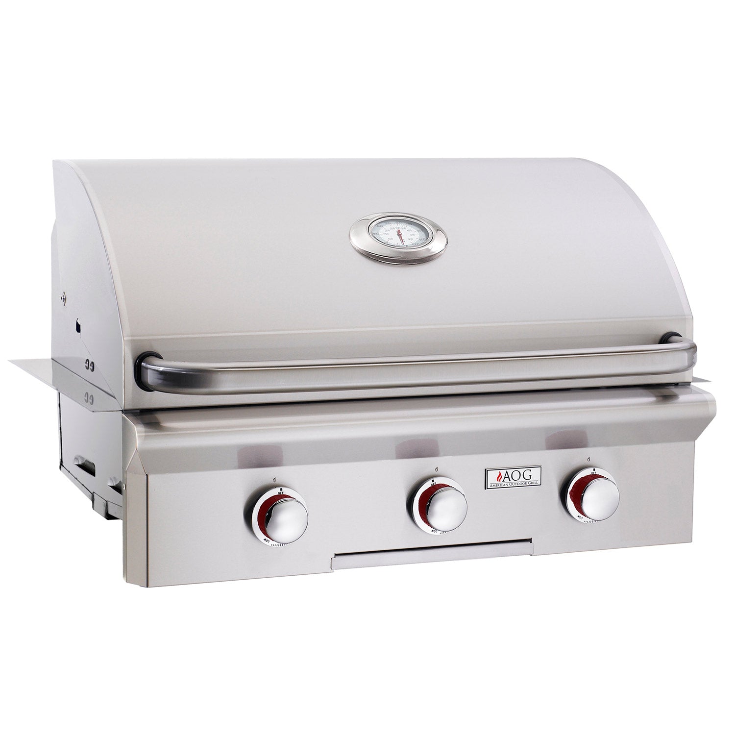 30-inch built-in gas grill with lid and three stainless control knobs